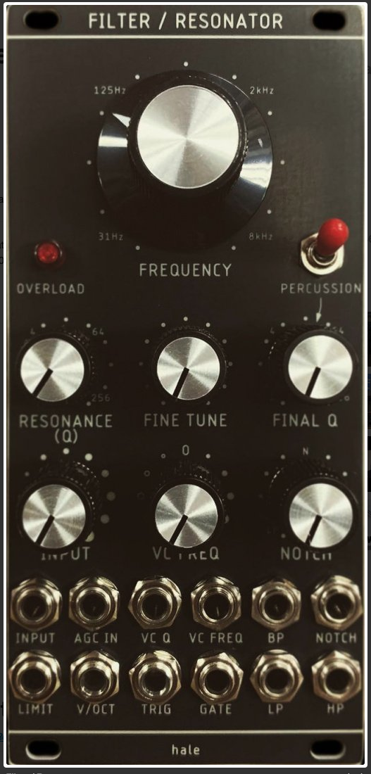 This is a photograph of a modular synth showing dials, jacks, and switches for the Hale Filter / Resonator instrument.