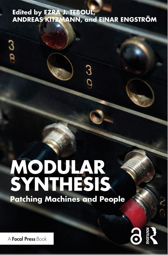 This is a photograph of a book cover, Modular Synthesis Patching Machines and People.